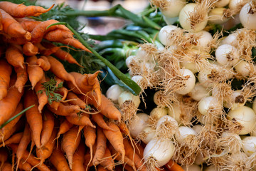 Piles of fresh carrots and salad onions for sale at a market in France