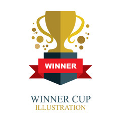 Winner cup. Golden winner cup illustration with ribbon. Trophy cup flat icon.