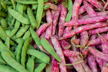 Fresh borlotti and green beans for sale in a market in Aix-en-Provence, France