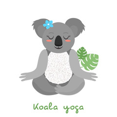 Funny koala does yoga, meditates and sits in the lotus position. flat vector illustration isolated