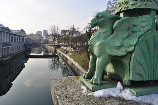 Dragon statue on the bridge in Ljubljana, Slovenia