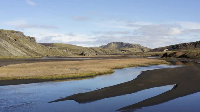 Aerial drone shot flying low over a river in Highlands of Iceland