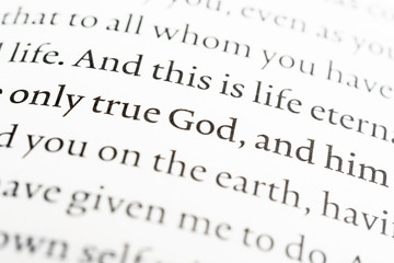 Fototapeta premium A macro shot of a page portion of the biblical text with selective focus on the word 