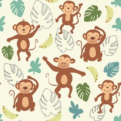 childish jungle texture with monkeys and jungle elements. seamless pattern vector illustration