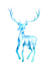 Deer silhouette. Wild animal image.Landscape with waterfall. Watercolor hand drawn illustration.White background.