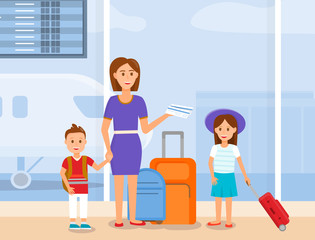 Mother Travel with Son and Daughter Characters.