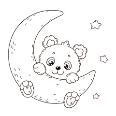 Cute teddy bear on moon. Coloring book page