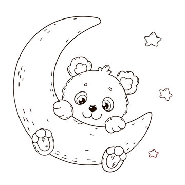Cute teddy bear on moon. Coloring book page