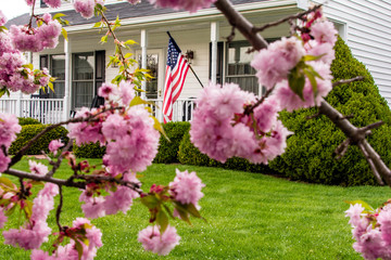 pink cherry blossoms american flag and white two story colonial home with green yard