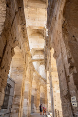 Fototapeta na wymiar Interior columns in the Arles amphitheatre. The Arles Amphitheatre is a Roman amphitheatre in the southern French town of Arles