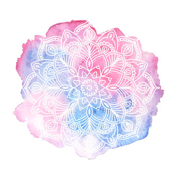Pink and blue watercolor paint background with white hand drawn round doodles and mandalas. design of backdrop.
