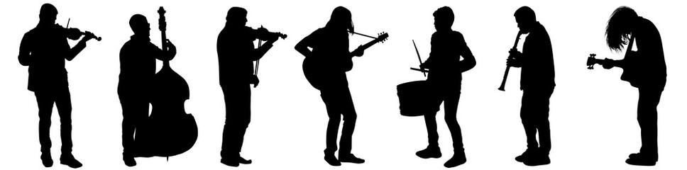 Naklejka premium Silhouettes of street musicians playing instruments