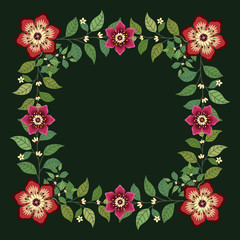 Floral greeting card and invitation template for wedding or birthday anniversary, Vector square shape of text box label and frame, Pink flowers wreath ivy style with branch and leaves.