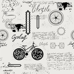 Vector seamless pattern on the theme of bicycles. Vintage manuscript with sketches, illegible handwritten texts, blots and stains in retro style. Can be used as wallpaper or wrapping paper - vector.