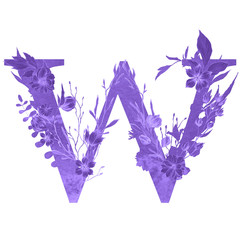 Violet ombre and gradient watercolor letter of the alphabet with flowers and leaves on the white isolated background for greeting card and invitation. Floral elegant design.