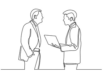 continuous line drawing of business partners discussing documents and ideas at meeting.Two businessman using notebook computer for analyse and improve their business.
