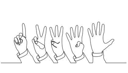 continuous line drawing. counting hands on the finger of one to five isolated on white background