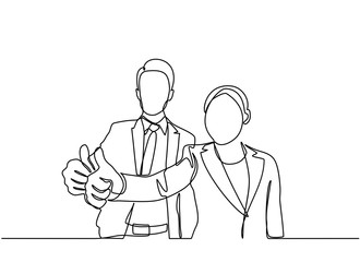 continuous line drawing of businessman and businesswoman showing thumbs up isolated on white background