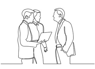 Fototapeta na wymiar continuous line drawing of business partners discussing documents and ideas at meeting.Three businessman using notebook computer for analyse and improve their business.