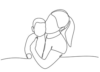 continuous line drawing of family, parenthood and people concept - happy Mother playing with little baby at home - vector