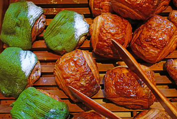 View of a matcha puff pastry croissant in Japan