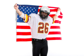 Bearded American football player with national flag, portrait.