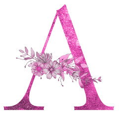 Pink glitter watercolor spring letter of the alphabet with flowers and leaves on the white isolated background. Floral elegant design.