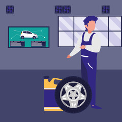 mechanic worker with oil gallon and tire track