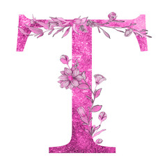 Pink glitter watercolor spring letter of the alphabet with flowers and leaves on the white isolated background. Floral elegant design.