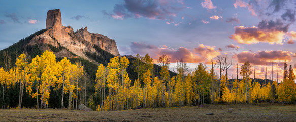 Autumn Sunset on Courthouse Mountain and Chimney Rock from the True Grit field