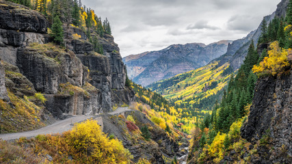 Fototapeta na wymiar Autumn colors on Camp Bird Road out of Ouray, Colorado