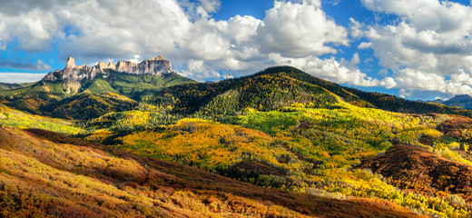 Autumn Aspen on Courthouse Mountain and Chimney Rock from County Road 8 overlook