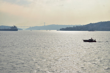 blue sky and seagull in Istanbul Strait, ships and fishing boats.