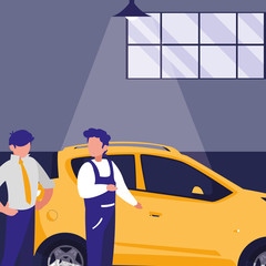 mechanic worker with car and client