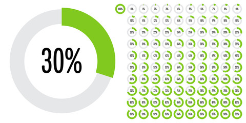 Set of circle percentage diagrams (meters) from 0 to 100 ready-to-use for web design, user interface (UI) or infographic - indicator with green