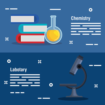 set chemistry books with erlenmeyer flask and microscope