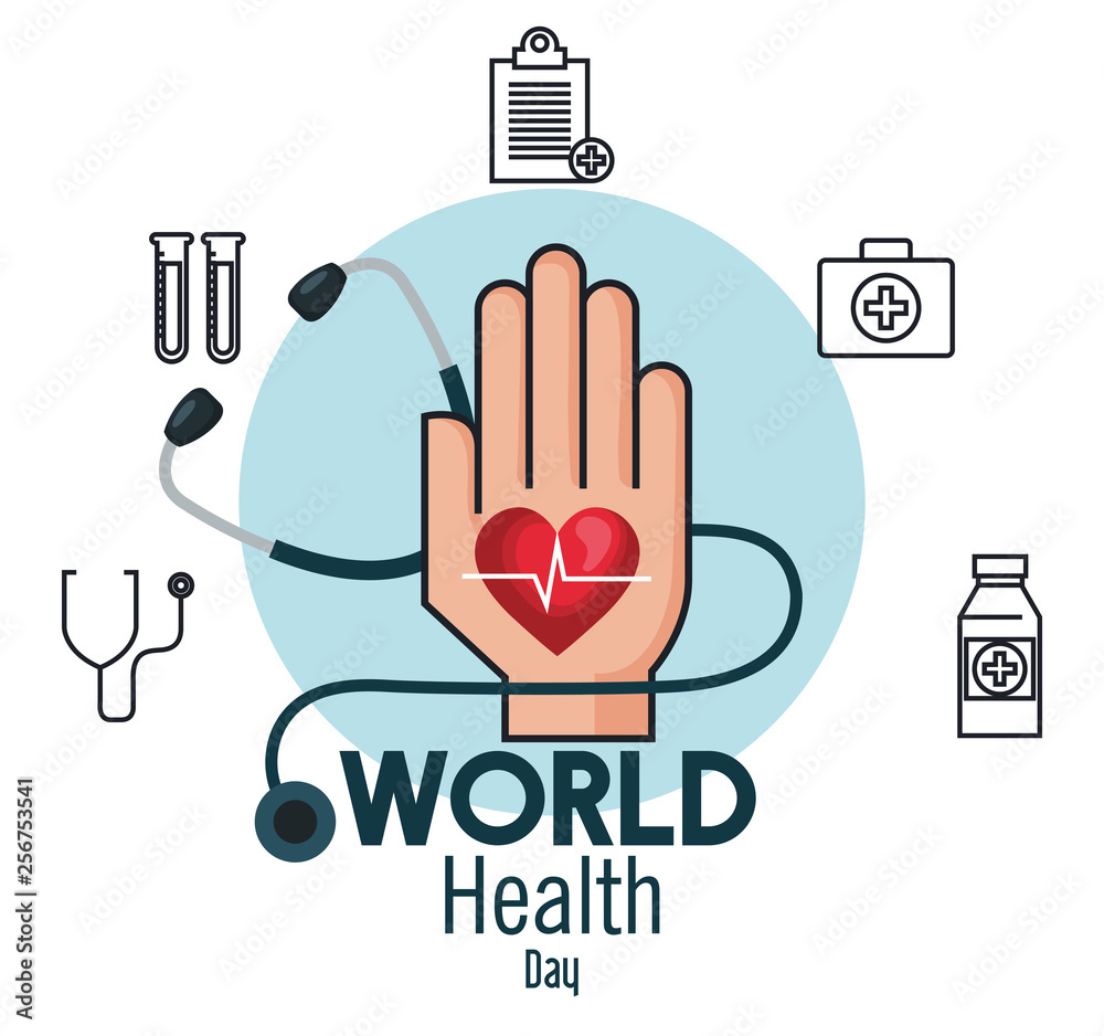 Wall mural hand with heartbeat and stethoscope to health day