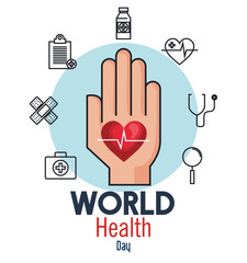 hand with heartbeat and medicine to health day