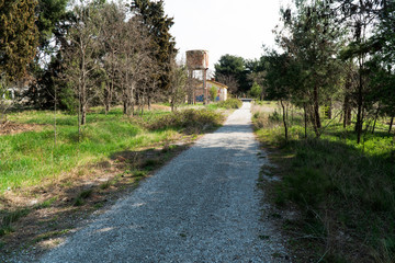 the street that leads to the old aqueduct,the road is full of grass and trees the day is sunny and the feeling you get is peace and nostalgy