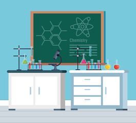chemistry office with blackboard and microscope analysis