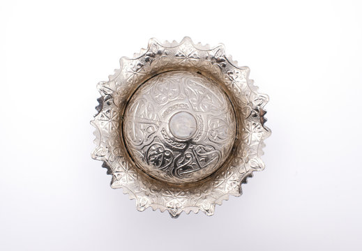 embroidered metal bowl. Traditional Embossed Metal bowl on. Ottoman and Turkish bowl on white background 