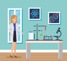 woman chemist with microscope and erlenmeyer flask