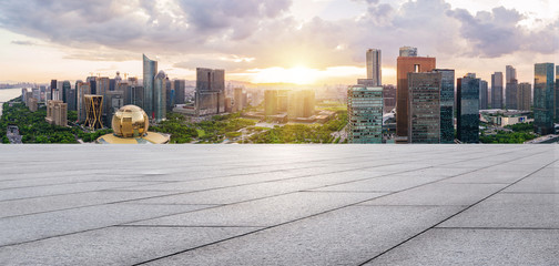 empty brick floor and cityscape of modern city near ,hangzhou