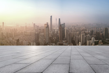 empty brick floor and cityscape of modern city near ,  guangzhou,