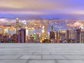 empty brick floor and cityscape of modern city near ,  hong kong