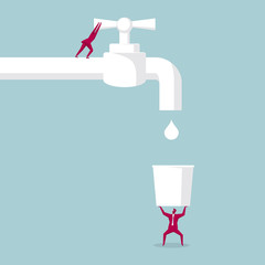 Conserve water.Businessman closes the faucet.Isolated on blue background.	