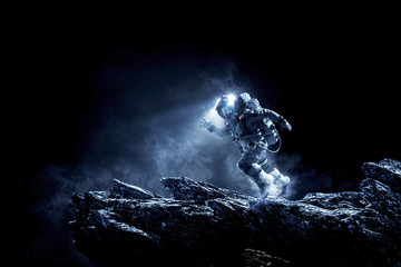 Spaceman running fast. Mixed media