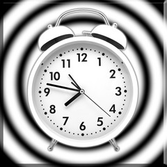 Retro clock with colorful background. Vintage alarm clock on two color black and white background. classic clock on swirl floor