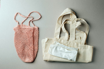 Set for free plastic shopping and packaging - cotton bags and string bag. Zero waste modern trendy...