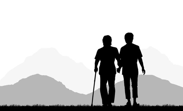  silhouette of the old man and son walk in the park    on a white background.
